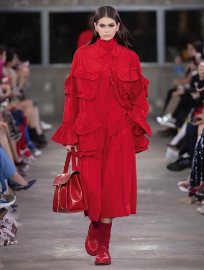 Kaia Gerber walks the runway for Valentino's pre-fall 2019 show. Courtesy Valentino