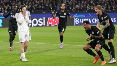 Napoli's Georgian forward Khvicha Kvaratskhelia reacts after missing a penalty in Frankfurt. AFP