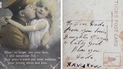 In this combination photo of the front and back of an undated card provided by the family, a daughter writes words to her father, World War I Australian soldier Andrew Bayne, from Brisbane, Australia. Andrew Bayne’s journey took him to the battlefields of Bullecourt, Wytschaete, and Ypres before he was killed in action near Messines Ridge, Belgium on August 19, 1917. Courtesy of the Biggs Family/AP Photo