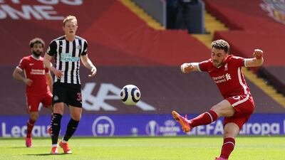 Liverpool's Diogo Jota shoots at goal. AFP