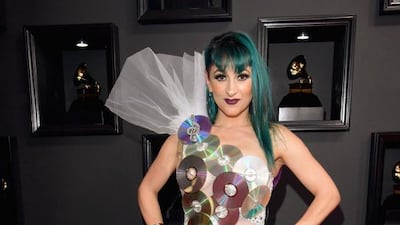 We see what musician Jacqueline Van Bierk has done here. We really do. The Grammys, music, CDs. It could have been brilliant. Instead it looks like a kindergarten project gone wrong. Lester Cohen / Wire Image