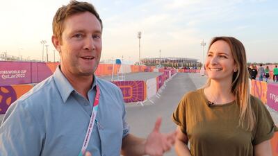 Nick Webster and Sarah Forster host a live broadcast in Doha, Qatar. Andy Scott / The National