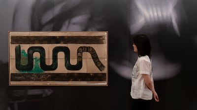 A detail of Nil Yalter's triptych Nesrin, 1982, which looks at the serpent – a figure found in many religions and beliefs. Photo: Nil Yalter