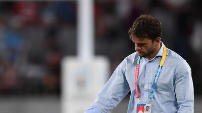 Argentina's wing Matias Moroni reacts after defeat against England at the Tokyo Stadium. AFP