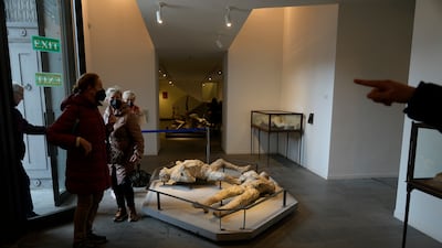 Visitors look at the casts of some of the victims of the Vesuvius eruption.