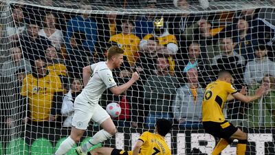 Kevin De Bruyne celebrates after scoring City's second goal. AP