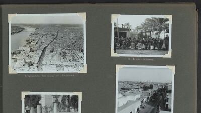 Iraq and Kurdistan - compiled by L Wells of RAF Hinaidi. From the top left clockwise: an aerial view of Baghdad, men at a chaikhana (tea house), a view of Al Rashid Street, and scribes. Baghdad, Iraq, circa 1934-1936