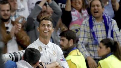 Real Madrid’s Cristiano Ronaldo celebrates scoring the second of his three goals against Atletico Madrid in the Champions League semi-final at the Bernabeau. JuanJo Martin / EPA