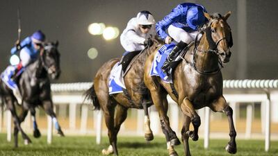 Promising Run, ridden by jockey Pat Cosgrave, races to victory in the Group 2 Balanchine Stakes on Saturday. Erika Rasmussen for The National