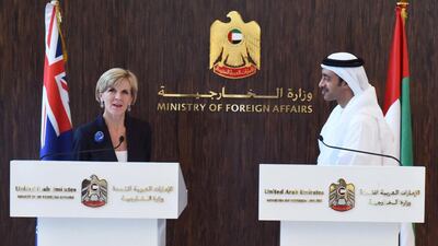 Sheikh Abdullah bin Zayed, Minister of Foreign Affairs, and Julie Bishop, the Australian foreign minister, make a joint statement. Wam