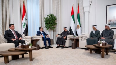 Sheikh Mohamed meets Mr Al Sudani. Seen with Sheikh Mohamed bin Hamad, Adviser to the UAE President, Sheikh Hamdan bin Mohamed, Deputy Chairman of the Presidential Court for Special Affairs, and Ihsan Al Awadi, Director of the Iraqi Prime Minister's Office