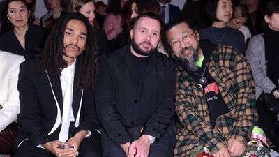 Luka Sabbat, Kim Jones and Takashi Murakami attend the International Woolmark Prize 2020 during London Fashion Week on February 17, 2020. Getty Images
