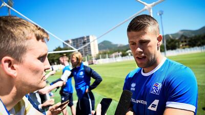 Iceland's midfielder Johann Berg Gudmundsson speaks to the media in Russia ahead of the country's debut at the World Cup. Jonathan Nackstrand / AFP
