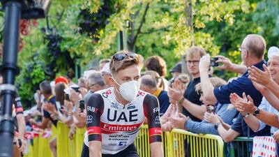 Tadej Pogacar of UAE Team Emirates passes through the Tivoli Gardens in Copenhagen, Denmark, on June 29, 2022, before the team's presentation ahead of the 2022 Tour de France. This year's race starts on July 1 and the first three stages will be held in Denmark before the Tour moves on to France. EPA