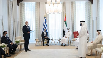 Sheikh Mohamed bin Zayed, Crown Prince of Abu Dhabi and Deputy Supreme Commander of the UAE Armed Forces, meets Kyriakos Mitsotakis, the Prime Minister of Greece, on Wednesday. Courtesy: Sheikh Mohamed bin Zayed Twitter