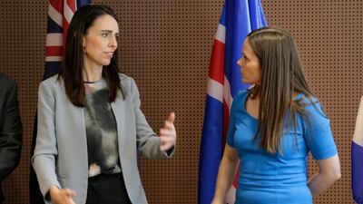 The Prime Minister of New Zealand Jacinda Ardern, left, talks with the Prime Minister of Iceland Katrin Jakobsdottir before a news event at U.N. headquarters. The countries were announcing a new initiative on climate change and trade. AP Photo