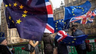 Anti-Brexit demonstrators protest with flags during a snow flurry outside the Houses of Parliament. Jack Taylor/Getty Images