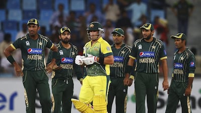 Aaron Finch of Australia leaves the field after being dismissed by Muhammad Irfan of Pakistan during the second match of the one day international series between Australia and Pakistan at Dubai Sports City Cricket Stadium on October 10, 2014 in Dubai, United Arab Emirates. Francois Nel/Getty Images