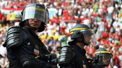 Police personnel are pictured before the start of the Euro 2016 Group F football match between Iceland and Hungary at the Stade Velodrome in Marseille on June 18, 2016. Anne-Christine Poujoulat / AFP