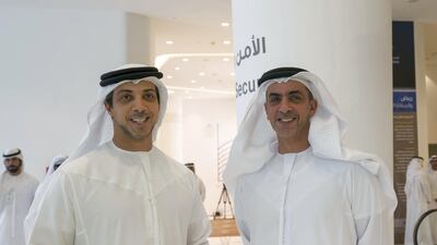 ABU DHABI, UNITED ARAB EMIRATES - September 20, 2017: HH Lt General Sheikh Saif bin Zayed Al Nahyan, UAE Deputy Prime Minister and Minister of Interior (R) and HH Sheikh Mansour bin Zayed Al Nahyan, UAE Deputy Prime Minister and Minister of Presidential Affairs (L), attends the inauguration of the Rabdan Academy. ( Mohamed Al Hammadi / Crown Prince Court - Abu Dhabi ) ---