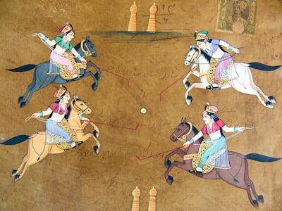 An illustration of a women's polo game, a sport which originated in Manipur, India. Getty Images