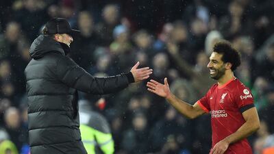 Liverpool manager Jurgen Klopp and Mohamed Salah after the match. EPA