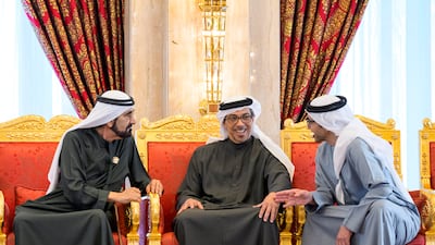 Vice President Sheikh Mohammed, Sheikh Mansour bin Zayed, Vice President, Deputy Prime Minister and Chairman of the Presidential Court, and Sheikh Abdullah bin Zayed, Deputy Prime Minister and Minister of Foreign Affairs. Omar Al Askar / UAE Presidential Court