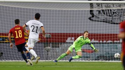 Spain's Ferran Torres scores their fifth goal. Reuters