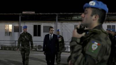 French Armed Forces Minister Sebastien Lecornu, centre, visits the base of the French contingent of the UN Interim Forces in Lebanon. AFP