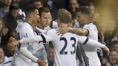 Tottenham Hotspur players celebrate during their Premier League win over Norwich City on Saturday at White Hart Lane. Paul Childs / Action Images / Reuters