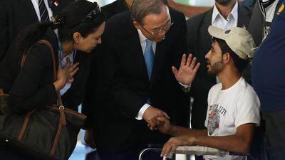 UN secretary general Ban Ki-moon, who visited north Gaza’s Jabaliya refugee camp yesterday, says the devastation caused by the recent war is worse than that caused in the 2008-2009 Israel-Gaza conflict. Mohammed Salem / Reuters