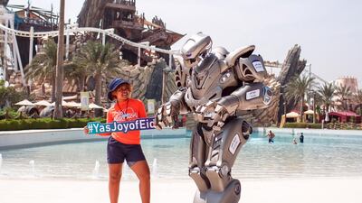 Titan the Robot, one of the world’s best-known celebrity robots, is bringing the joy to Yas Island this Eid. Titan is spotted at Yas Waterworld. Courtesy Yas Island