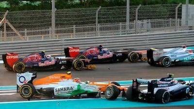 Williams’ Bruno Senna, bottom right, and Force India’s Nico Hulkenberg, bottom left, collided at the start yesterday.