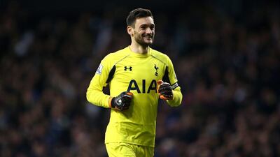 Spurs keeper Hugo Lloris celebrates during Tottenham’s 1-0 win on Saturday over Watford in the Premier League. Paul Gilham / Getty Images