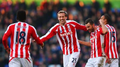 Peter Crouch of Stoke City celebrates his goal in Stoke's 1-1 draw in the Premier League on Saturday with Crystal palace at Selhurst Park. Bryn Lennon / Getty Images