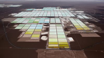 The brine pools and processing areas of the Soquimich lithium mine on the Atacama salt flat in northern Chile. Reuters