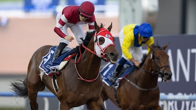 Forever Young under Ryusei Sakai, left, on his way to victory in the UAE Derby at the 2024 Dubai World Cup. Getty Images