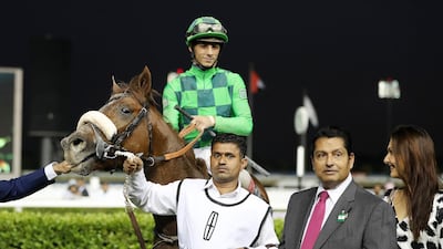 Antonio Fresu after guiding Emblem Storm to victory at the Meydan Racecourse in January. Pawan Singh / The National