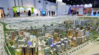 A model of the Dubai World Central airport and surrounding areas in Dubai South is displayed at the Airport Show in Dubai.