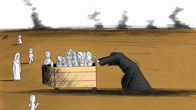 A cartoon by Palestinian artists Safaa Odah shows the figure of death pushing a crate full of children. Safaa Odah