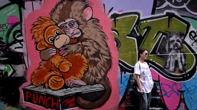 A tourist poses in front of a street mural by artist Jason Grech of Punch, the baby macaque monkey and his stuffed orangutan toy, in a Melbourne. AFP
