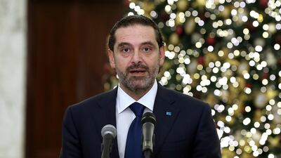 Lebanese Prime Minister-designate Saad al-Hariri speaks at the presidential palace in Baabda, Lebanon December 9, 2020. REUTERS