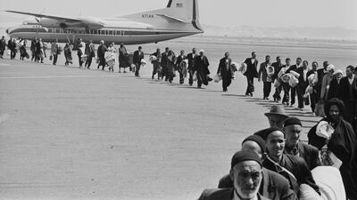 Muslims arrive at Makkah airport for Hajj in August 1968.