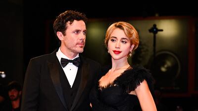 US actor Casey Affleck and his partner, Caylee Cowan, both in classic black looks, arrive for the 'Dreamin’ Wild' premiere. AFP