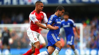 Kieran Gibbs and Arsenal spent a lot of time chasing Eden Hazard and the Chelsea side at Stamford Bridge. Hazard scored on a penalty and Diego Costa added a goal in Chelsea’s 2-0 win. Paul Gilham / Getty Images