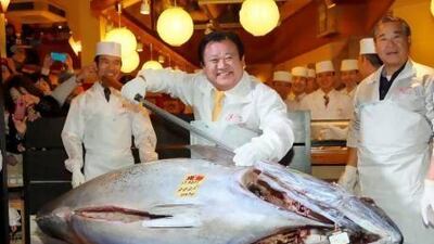 A bluefin tuna sold for a record ¥155.4 million (Dh6.4m) at a Tokyo auction yesterday. EPA / KIMIMASA MAYAMA