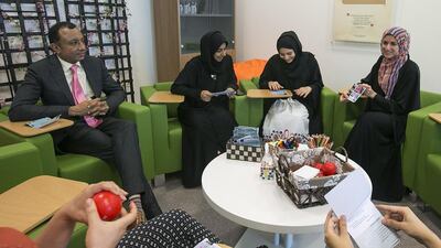Psychology students join Dr Kuldhir Bhati at Zayed University’s new health and wellness centre. Mona Al Marzooqi / The National
