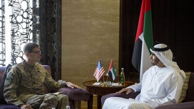 Sheikh Mohammed bin Zayed, Crown Prince of Abu Dhabi and Deputy Supreme Commander of the Armed Forces, meets Gen Joseph L Votel, commander of United States central command, at Al Shati Palace on Wednesday. Mohamed Al Hammadi / Crown Prince Court – Abu Dhabi