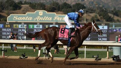 Tamarkuz ridden by Mike Smith wins the Breeder's Cup Dirt Mile on Friday at Santa Anita in California. Joe Scarnici / Getty Images / AFP / November 4, 2016