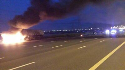A collision of two trucks on Emirates Road after Dubai's Al Ain bridge toward Sharjah on 24 April, 2014. Photo Courtesy Dubai Police